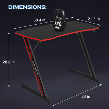 39 Inch Z-Shaped Gaming Desk with Headphone Hook Sturdy with Spacious Desktop,Red