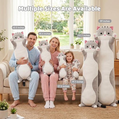 Cute Cat Plush Long Body Pillow – Soft Cartoon Stuffed Animal Doll, Kawaii Cat Plushie Toy Pillow Gifts for Kids, Girls & Girlfriend (Gray, 19.7 Inch)