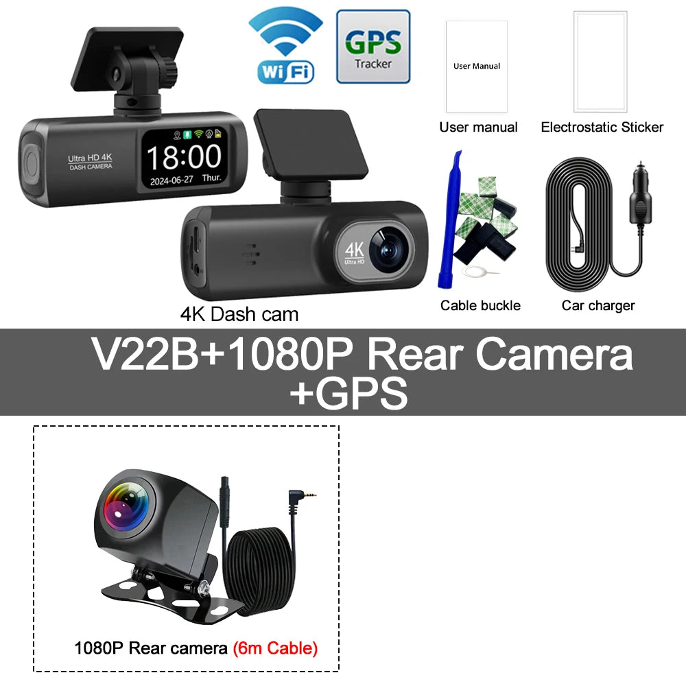 UHD 4K Wifi Dash Cam Dual Lens Driving Recorder Car DVR Optional 1080P Rear Lens Camera GPS 24H Parking Monitoring Black Box