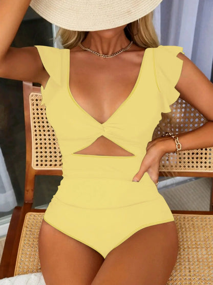 Women'S Plain Cut Out Twist One-Piece Swimsuit, Casual Ruffle Cap Sleeve Deep V Neck Swimwear for Summer, Fashion Women'S Swimsuit for Beach Holiday Vacation, Cutout Swim Suit, Backless Bathing Suit, Chic Swimsuit