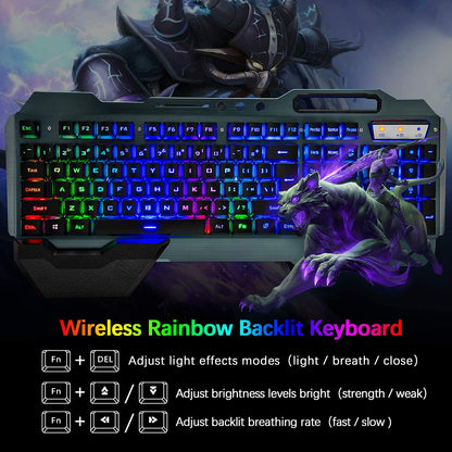 Wireless Gaming Keyboard and Mouse,Rainbow Backlit Rechargeable Keyboard Mouse with 3800Mah Battery Metal Panel,Removable Hand Rest Mechanical Feel Keyboard and 7 Color Gaming Mute Mice for PC Gamers